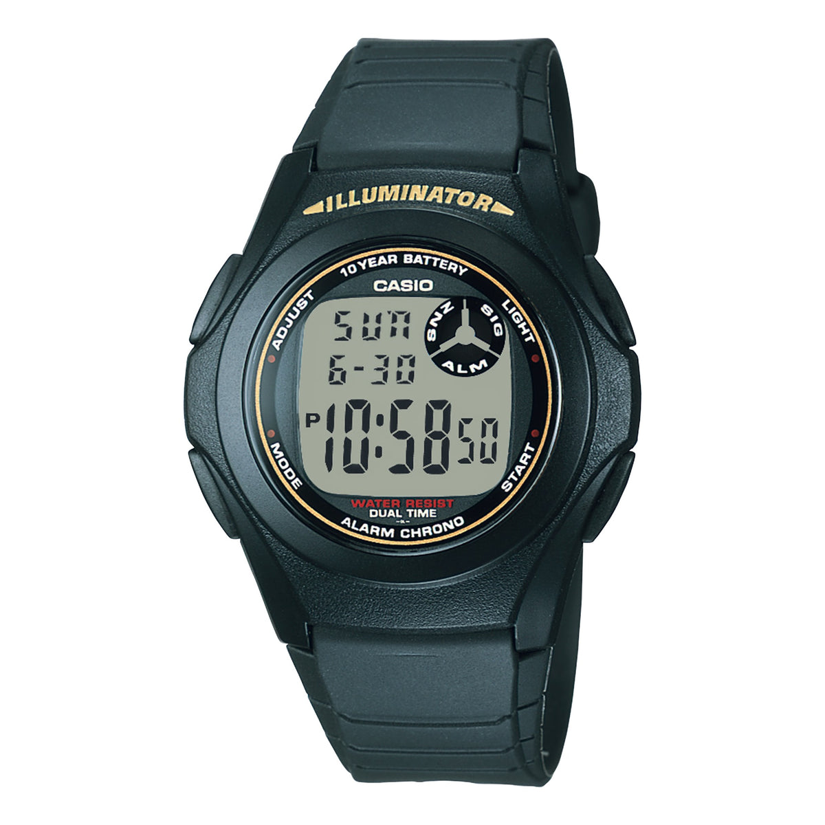 Casio F-200W-9ADF black digital watch with gold illuminator accents, front view on white background