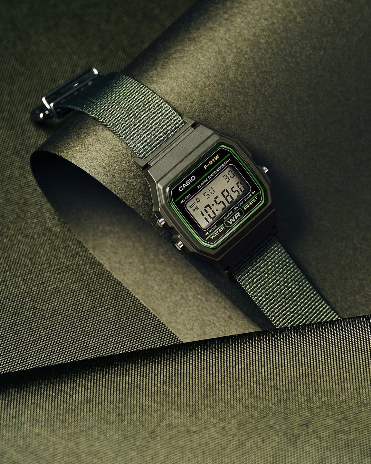 Casio Vintage F-91W Olive Green Recycled-PET Cloth Band Digital Watch F-91WF-3ADF - detail photo 2
