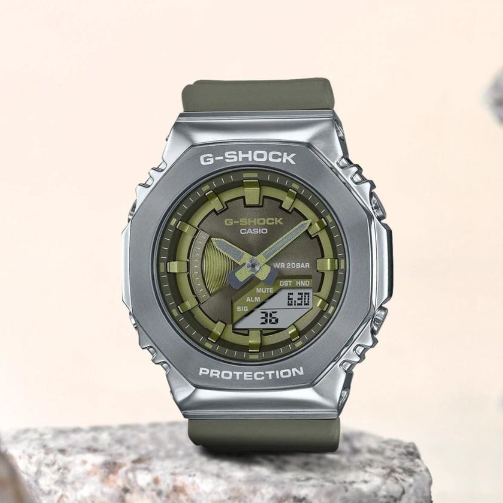 Casio G-Shock GM-S2100-3ADR Stainless Steel Case Wristwatch Product Shot on a rock