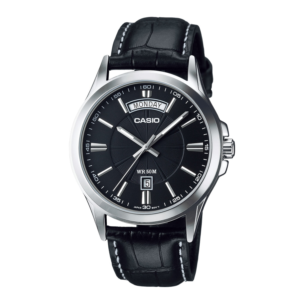 Casio MTP-1381L-1AVDF men's watch with black leather strap and silver case, front view on white background