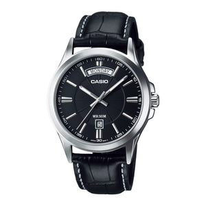 Casio MTP-1381L-1AVDF men's watch with black leather strap and silver case, front view on white background