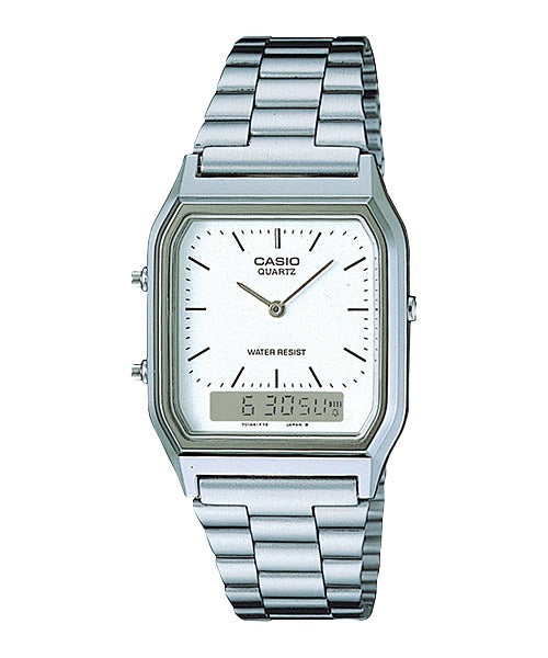 Casio AQ-230A-7DMQYES stainless steel watch, front view on white background