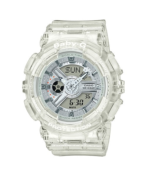 Casio Baby-G BA-110CR-7ADR clear resin watch, front view on white background