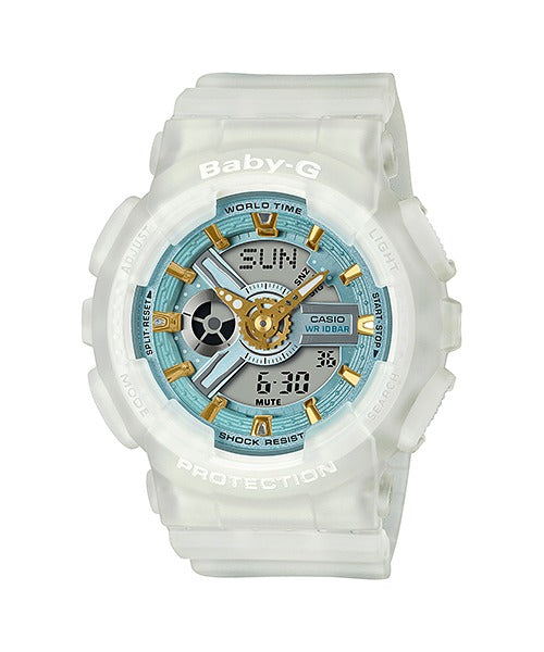 Casio Baby-G BA-110SC-7AER clear resin watch with light blue dial, front view on white background