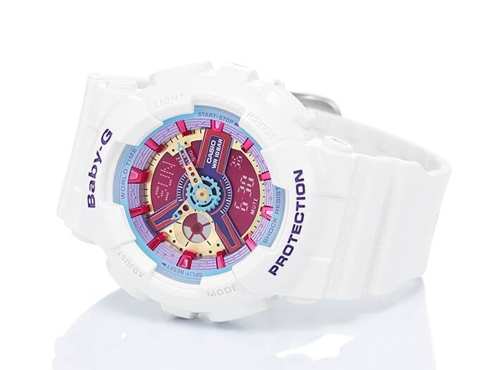 Casio Baby-G BA-112-7ADR white watch with pastel dial, angled view on white background
