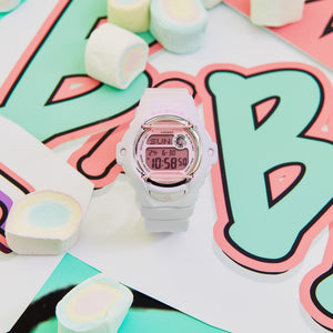 Casio Baby-G BG-169M-4DR flat lay styled shot with pastel marshmallow props