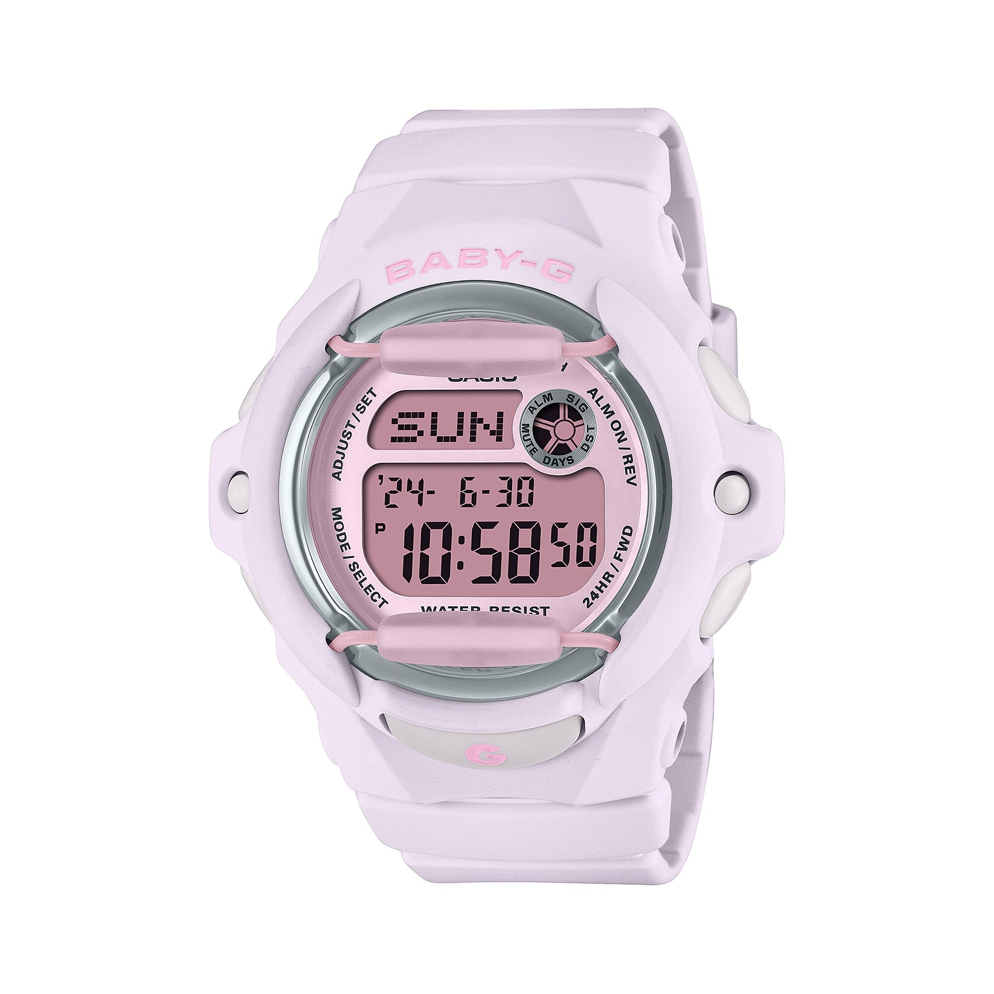 Casio Baby-G BG-169M-4DR lilac watch, front view on black background
