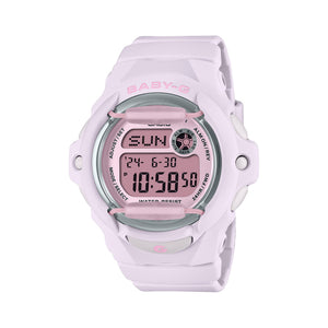Casio Baby-G BG-169M-4DR lilac watch, front view on black background