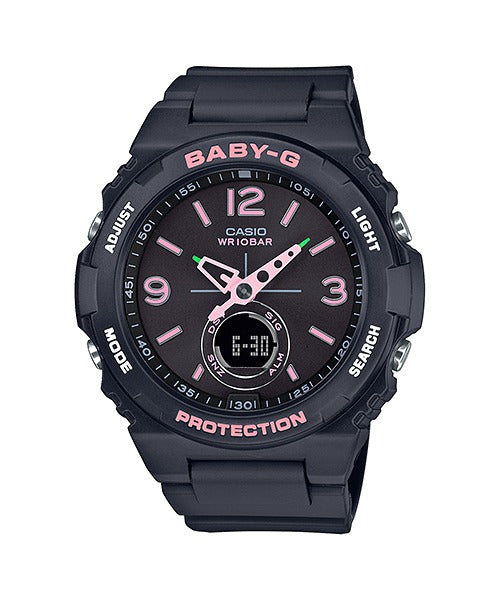 Casio Baby-G BGA-260SC-1ADR black watch with pink accents, front view on white background