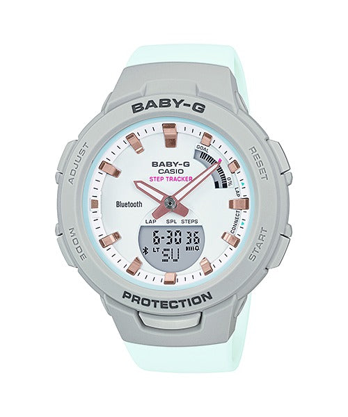 Casio Baby-G BSA-B100MC-8AER grey and mint watch, front view on white background