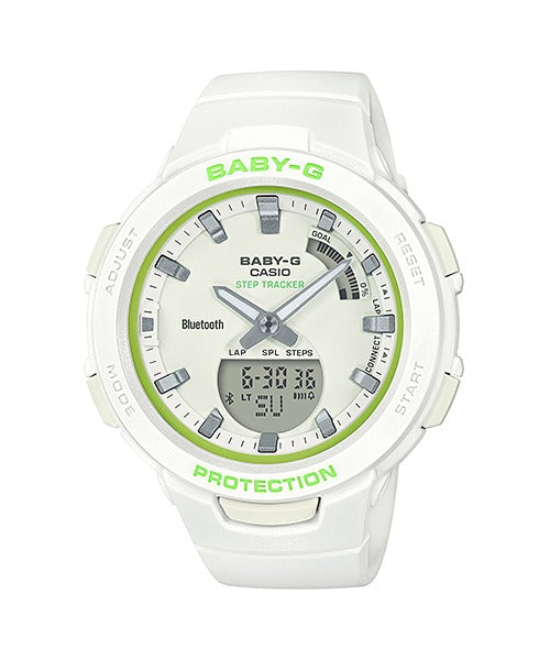 Casio BSA-B100SC-7AER white step tracker watch with green accents, front view on white background