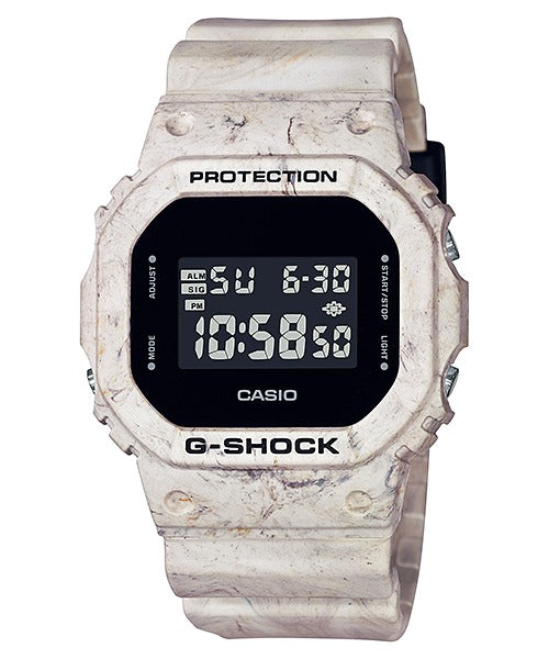 Casio G-Shock DW-5600WM-5DR marbled resin watch, front view on white background