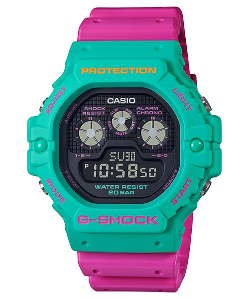 Casio G-Shock DW-5900DN-3DR teal and pink watch, front view on white background