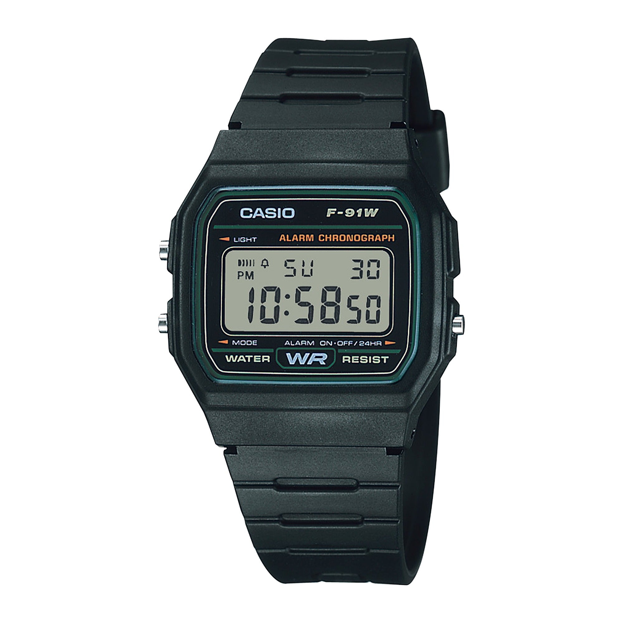 Casio Vintage F-91W-3SDG black digital watch, front view on black background