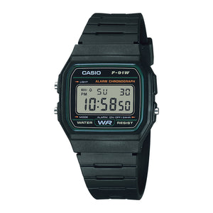 Casio Vintage F-91W-3SDG black digital watch, front view on black background