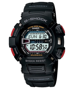 Casio G-Shock G-9000-1VER Mudman black watch with red accents, front view on white background