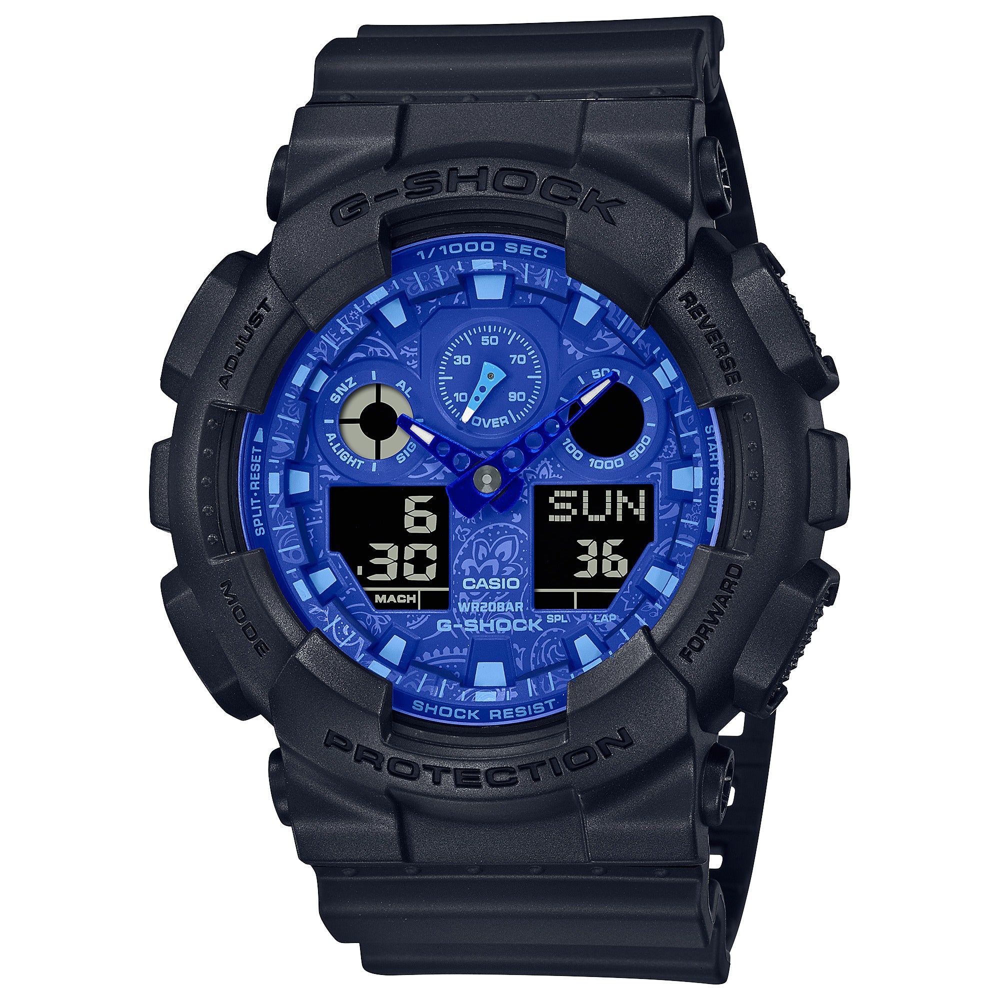 Casio G-Shock GA-100BP-1AER black watch with blue paisley dial, front view on white background