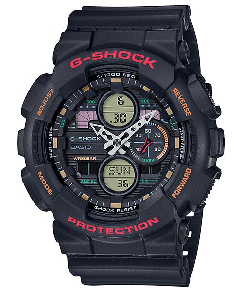 Casio G-Shock GA-140-1A4ER black watch, front view with red and orange accents on white background