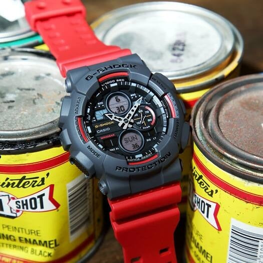 Casio G-Shock GA-140-4ADR angled lifestyle shot on paint can background