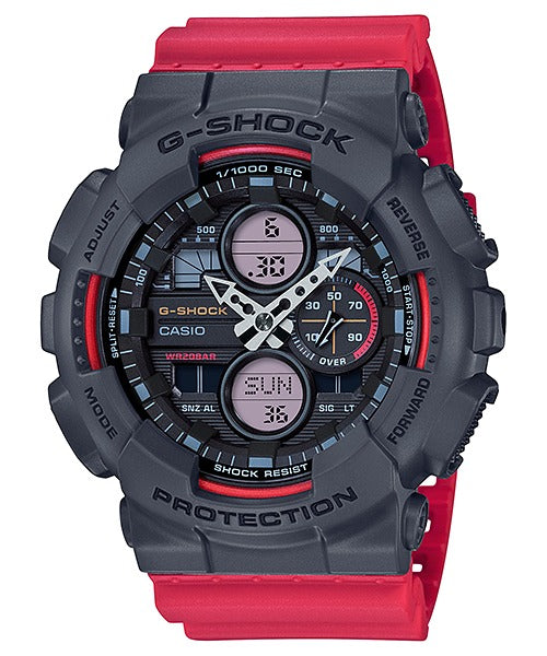 Casio G-Shock GA-140-4ADR grey and red watch, front view on white background
