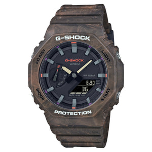 Casio G-Shock GA-2100FR-5AER marbled brown resin watch, front view on white background