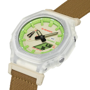 Casio G-Shock GA-2100HUF-5AER watch, 3/4 angle view highlighting HUF logo on dial