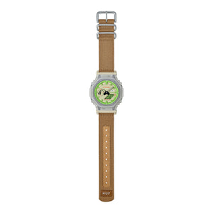 Casio G-Shock GA-2100HUF-5AER watch with tan HUF nylon strap, full flat lay view