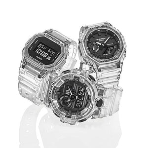Casio G-Shock GA-2100SKE-7ADR transparent skeleton watch shown with matching G-Shock lineup, product group shot