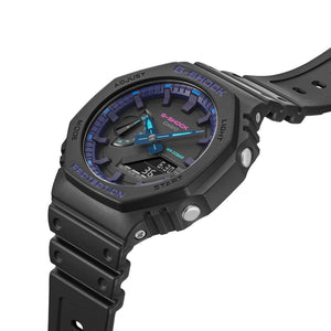 Casio G-Shock GA-2100VB-1AER watch at a three-quarter angle, showing case profile and strap