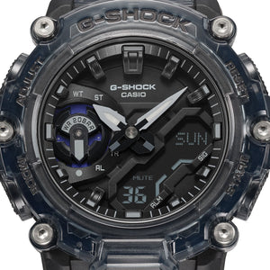 Casio G-Shock GA-2200SKL-8AER dial close-up showing G-Shock logo and purple accent