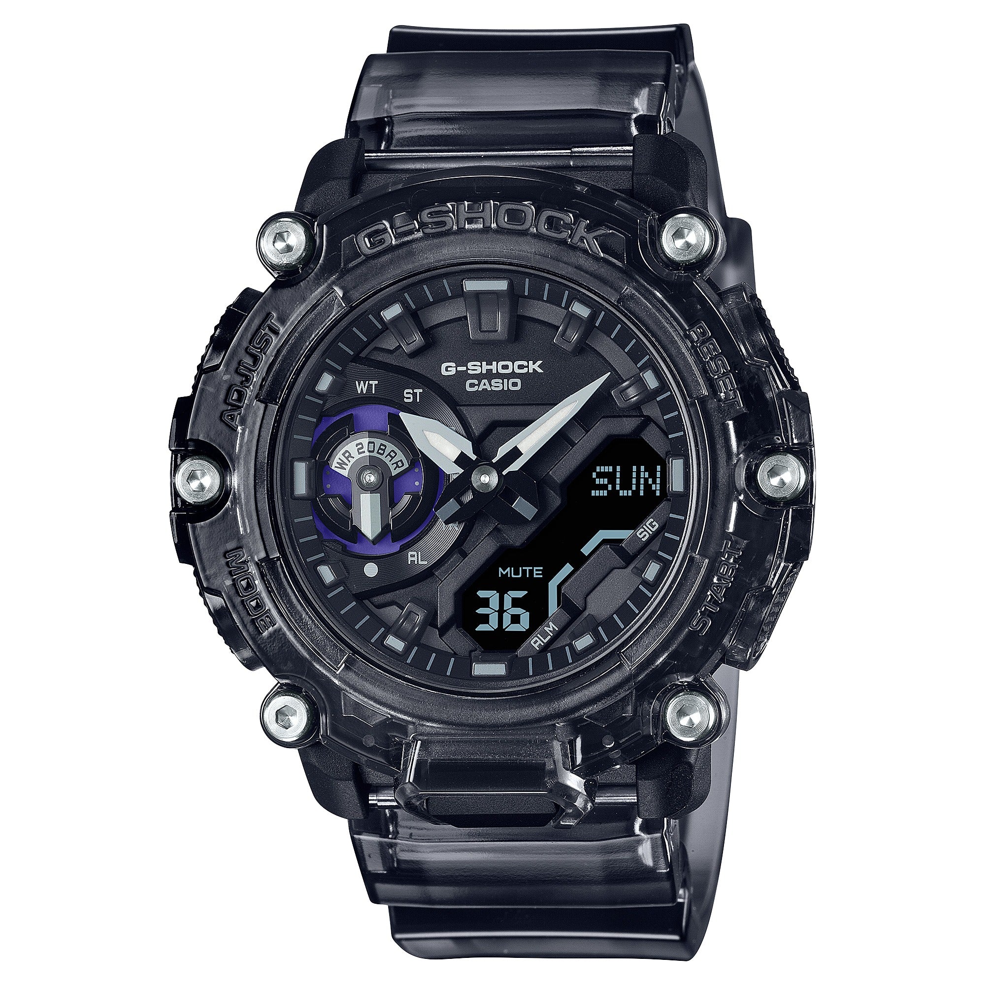 Casio G-Shock GA-2200SKL-8AER translucent black watch, front view on white background