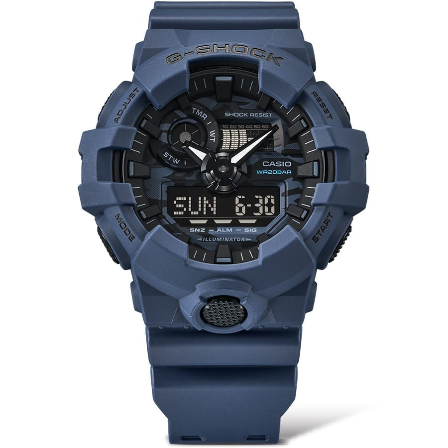 Casio G-Shock GA-700CA-2AER close-up of navy blue camouflage-pattern dial