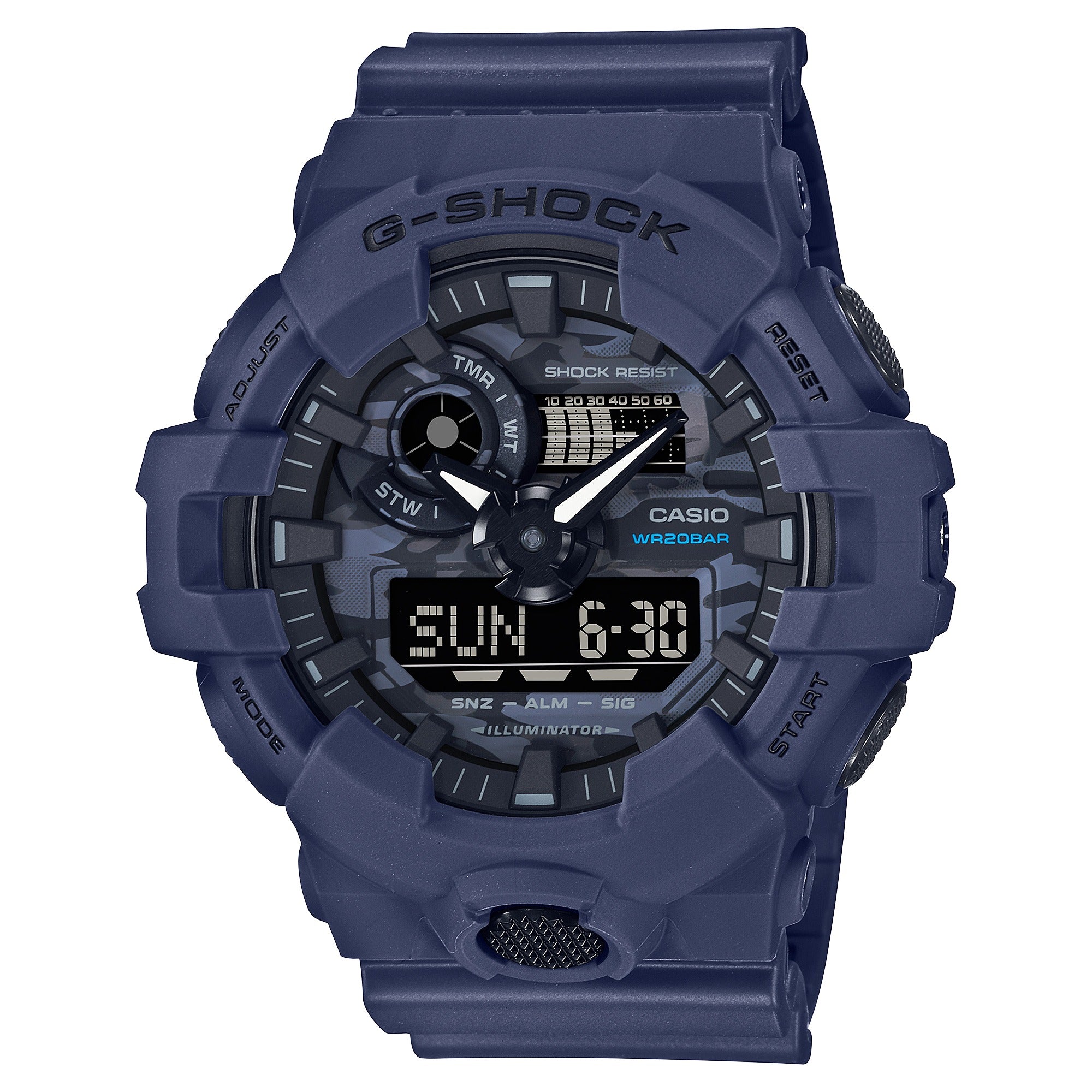 Casio G-Shock GA-700CA-2AER navy blue watch, front view on white background