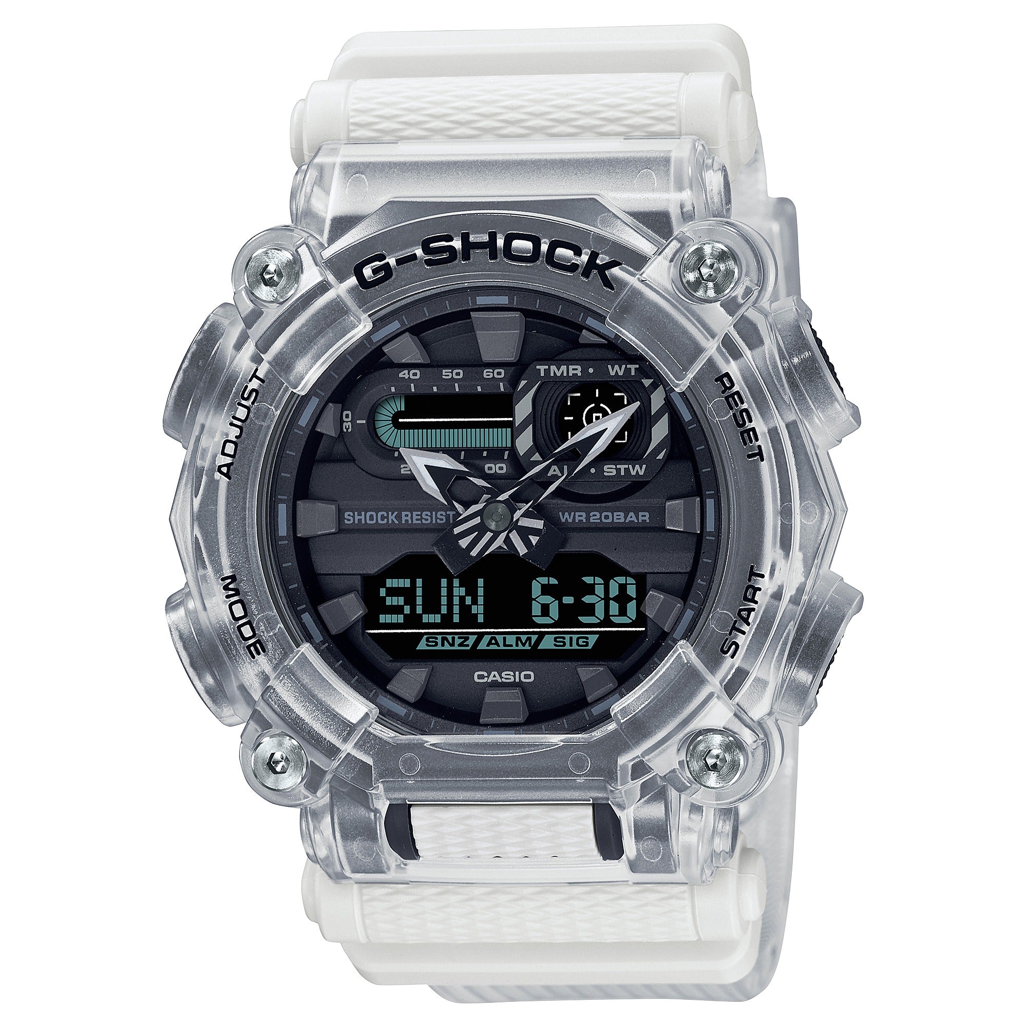 Casio G-Shock GA-900SKL-7AER skeleton watch, front view on white background