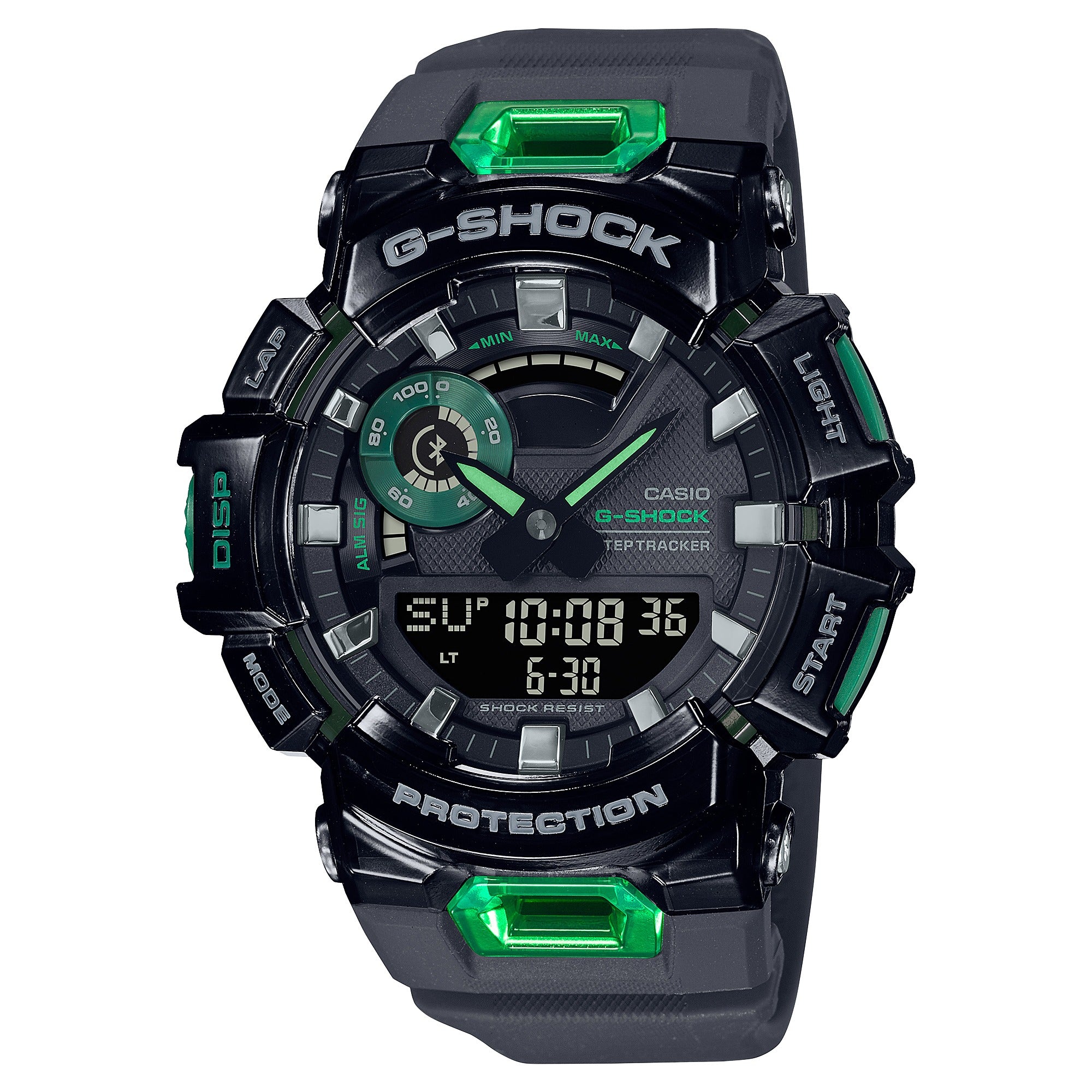 Casio G-Shock GBA-900SM-1A3ER black watch with green accents, front view on white background
