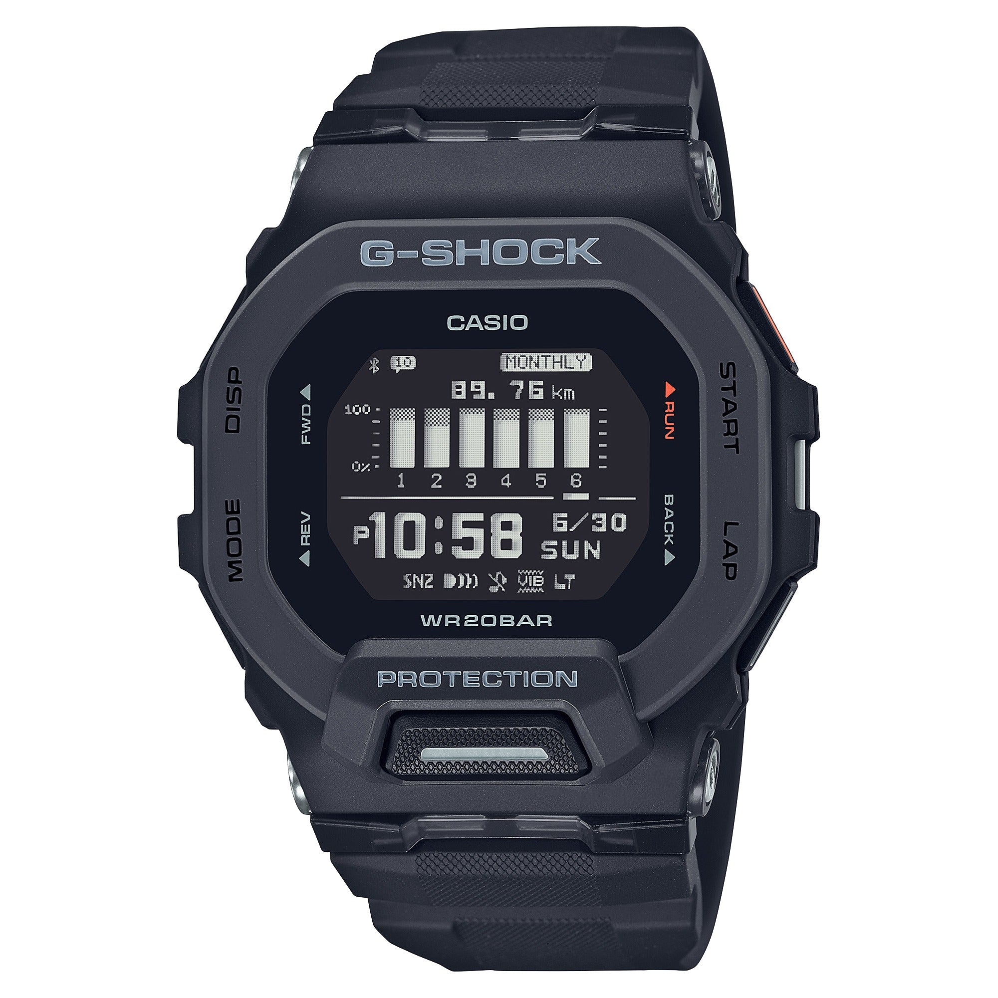 Casio G-Shock GBD-200-1DR digital fitness watch, front view showing running data on white background