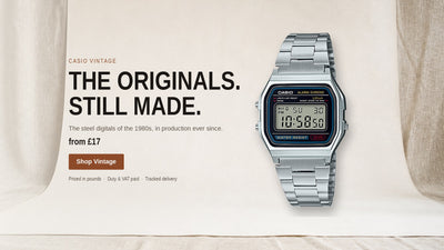 Casio vintage square watches including the A158 and A168 on a warm backdrop