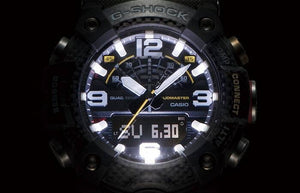 Casio G-Shock Mudmaster GG-B100-1A3DR dial illuminated in low light showing backlit display