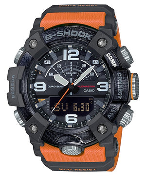 Casio G-Shock Mudmaster GG-B100-1A9DR black watch with orange resin strap, front view on white background