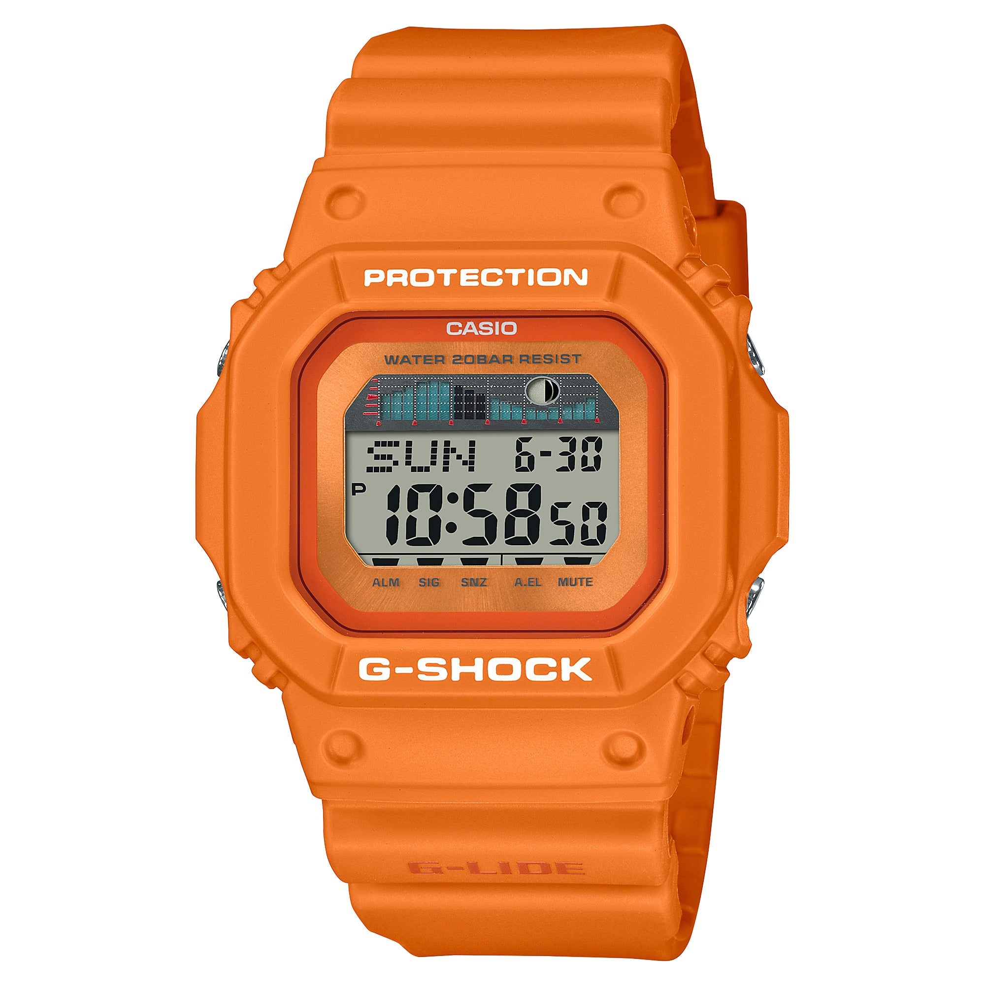 Casio G-Shock G-LIDE GLX-5600RT-4ER orange digital watch, front view on white background