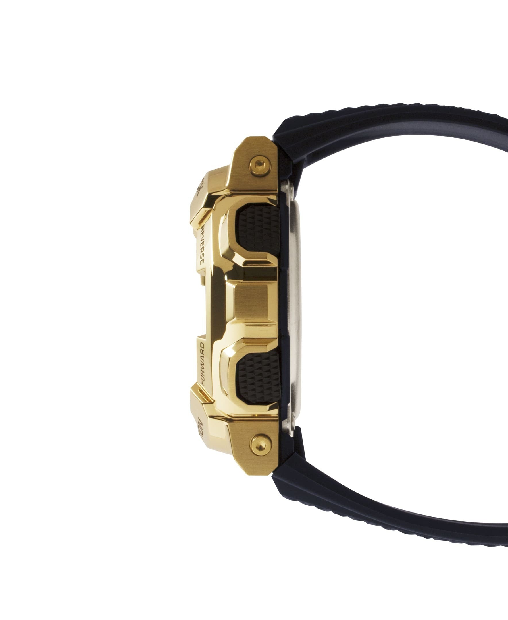 Casio G-Shock GM-110G-1A9ER side profile close-up of gold-tone buttons and case