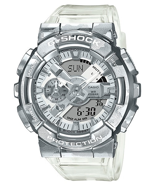 Casio G-Shock GM-110SCM-1AER silver camouflage watch, front view on white background