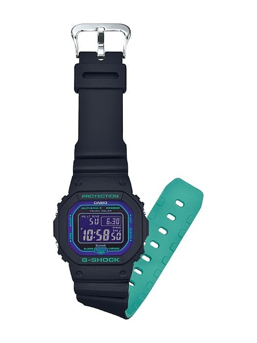 Casio G-Shock GW-B5600BL-1DR watch, side profile view showing teal underside strap