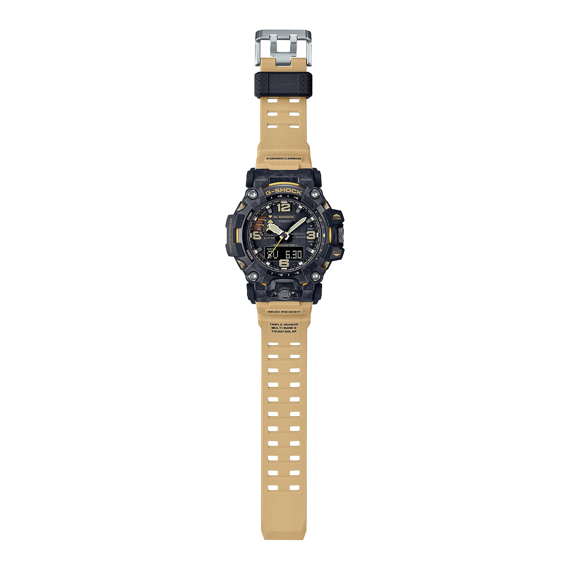 Casio G-Shock Mudmaster GWG-2000-1A5DR full length view showing tan resin strap
