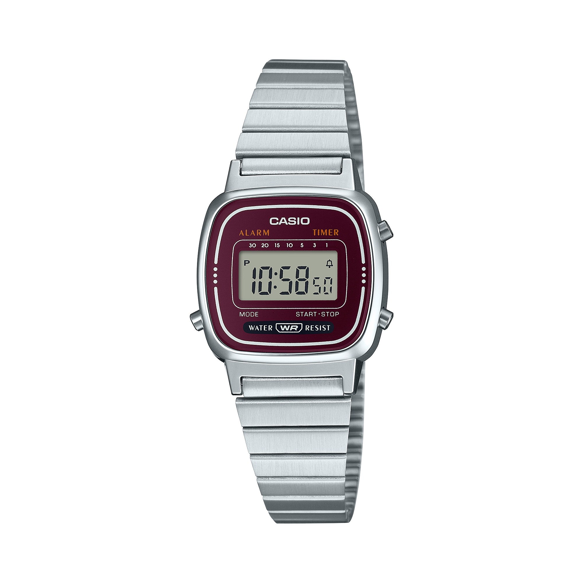 Casio LA670WA-4SDF stainless steel watch with maroon dial, front view on white background