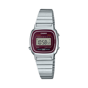 Casio LA670WA-4SDF stainless steel watch with maroon dial, front view on white background