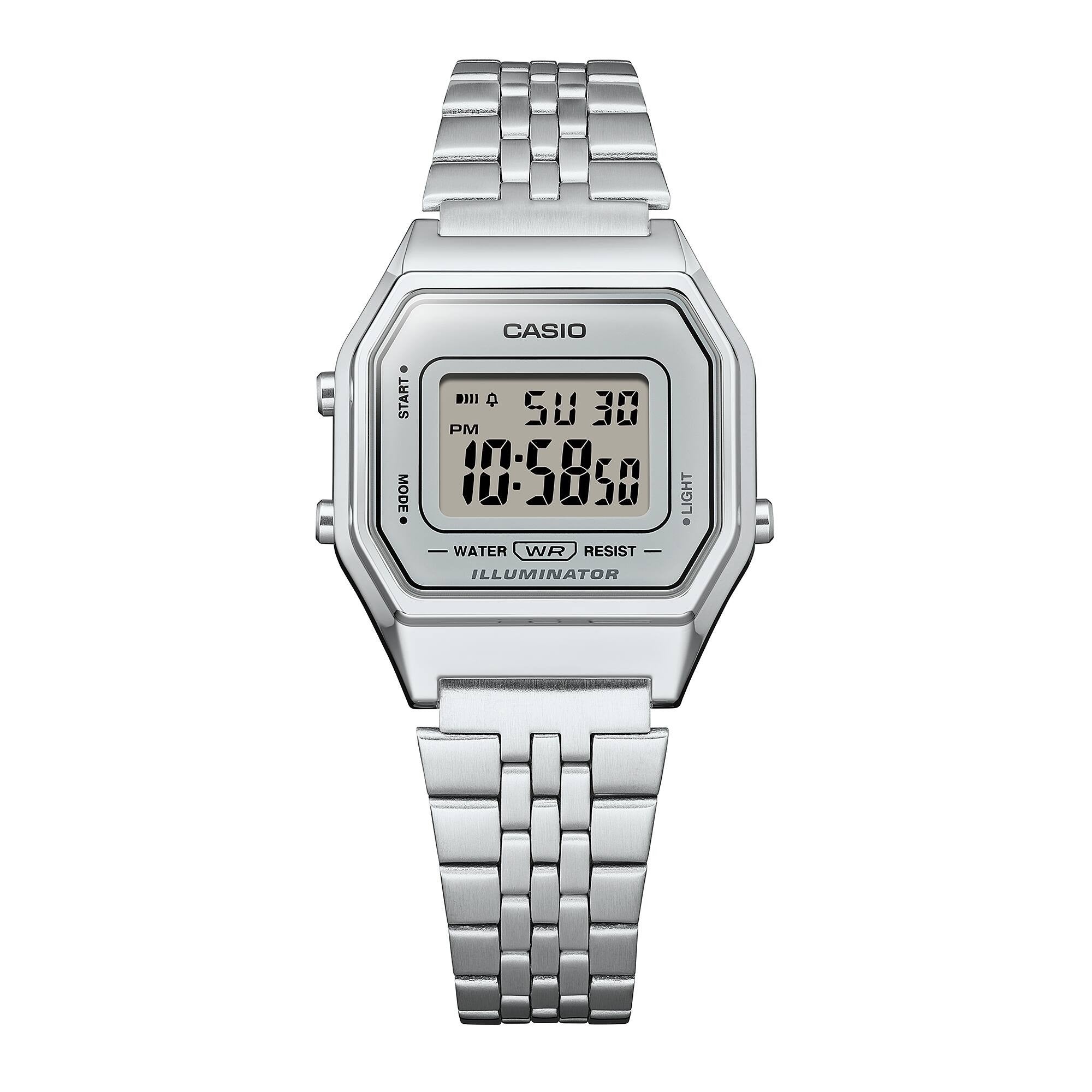 Casio Vintage LA680WA-7DF stainless steel digital watch, front view on white background