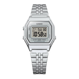 Casio Vintage LA680WA-7DF stainless steel digital watch, front view on white background