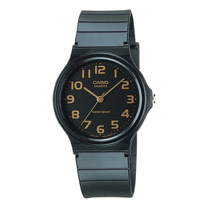 Casio Collection MQ-24-1B2LDF black watch with gold-tone dial, front view on white background