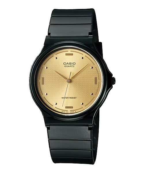 Casio MQ-76-9ALDF gold-dial watch, front view on white background